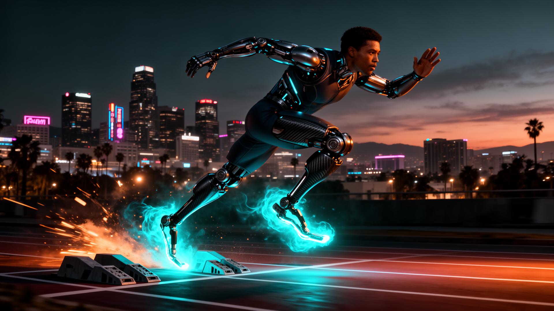 Bionic sprinter exploding from the blocks against the LA skyline